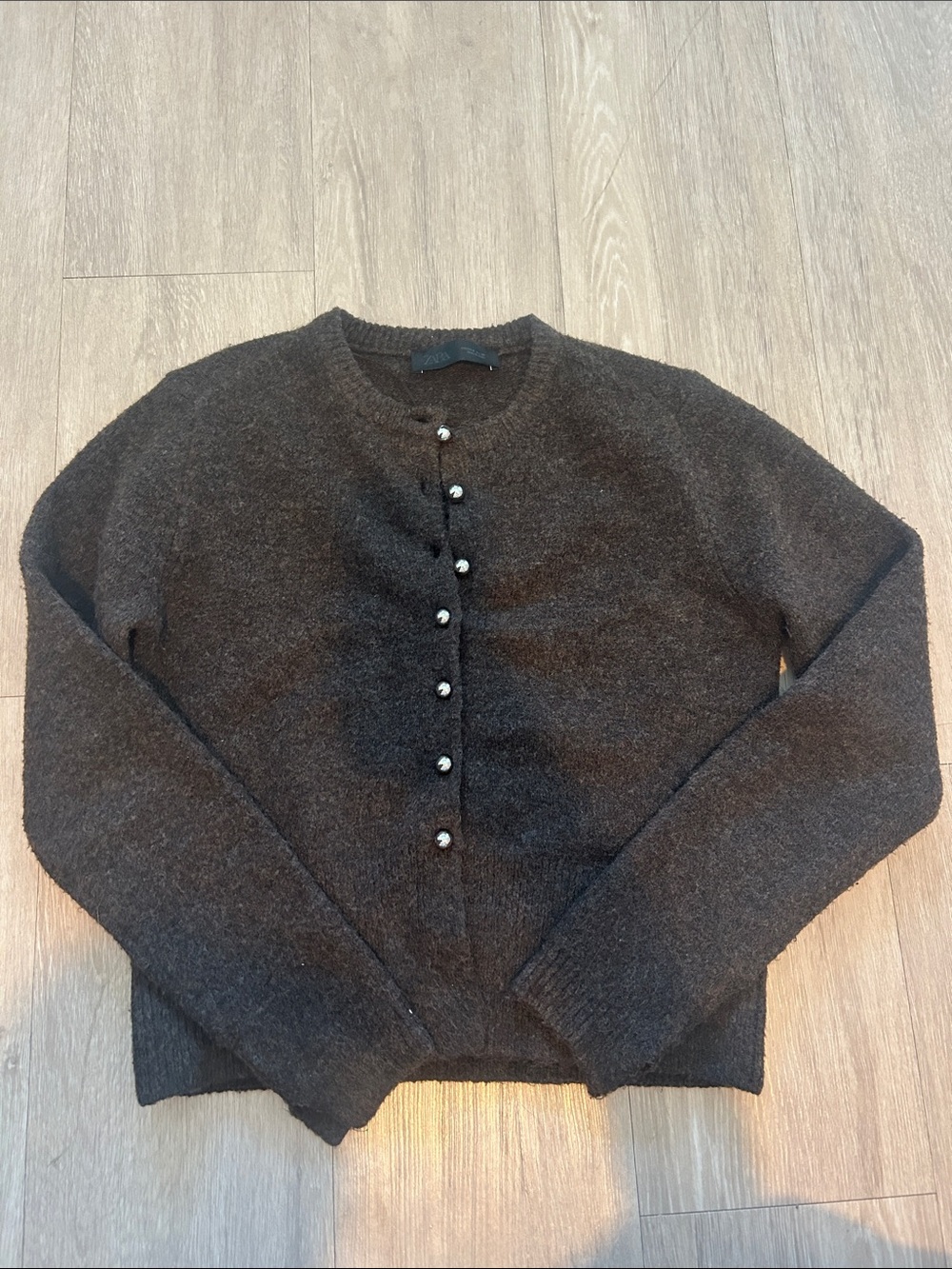 Zara Dark Brown Pearl-Button Knit Cardigan
